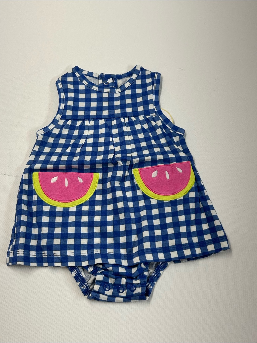 Blue Gingham Baby Dress Romper with Pink Watermelon Pockets